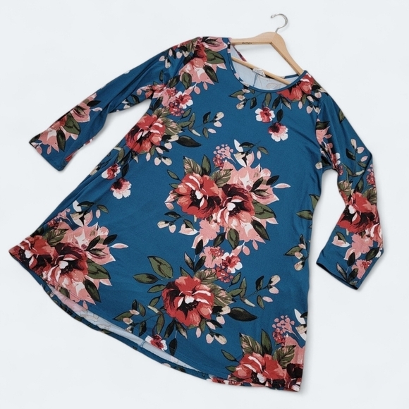 Sweet Pea Long Sleeve Jersey Dress with Pockets Blue Pink Floral Size 2XL - Picture 1 of 13